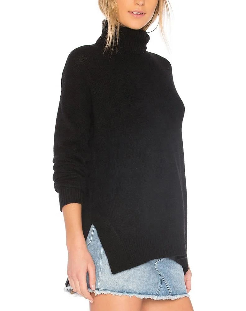 New designs high quality women black turtleneck pullover knit sweaters 100% cashmere side seam slits