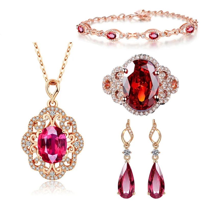 Rose Gold Red Crystal Bracelet Hollow Ring Teardrop Ruby Earrings Red Tourmaline Collarbone Chain Set for Women