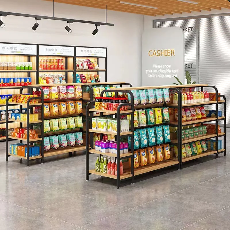 Heavy Duty Double Sided Supermarket Shelves Steel Wood Super Shelves Retail Display Gondola Shelving/Rack for Shop