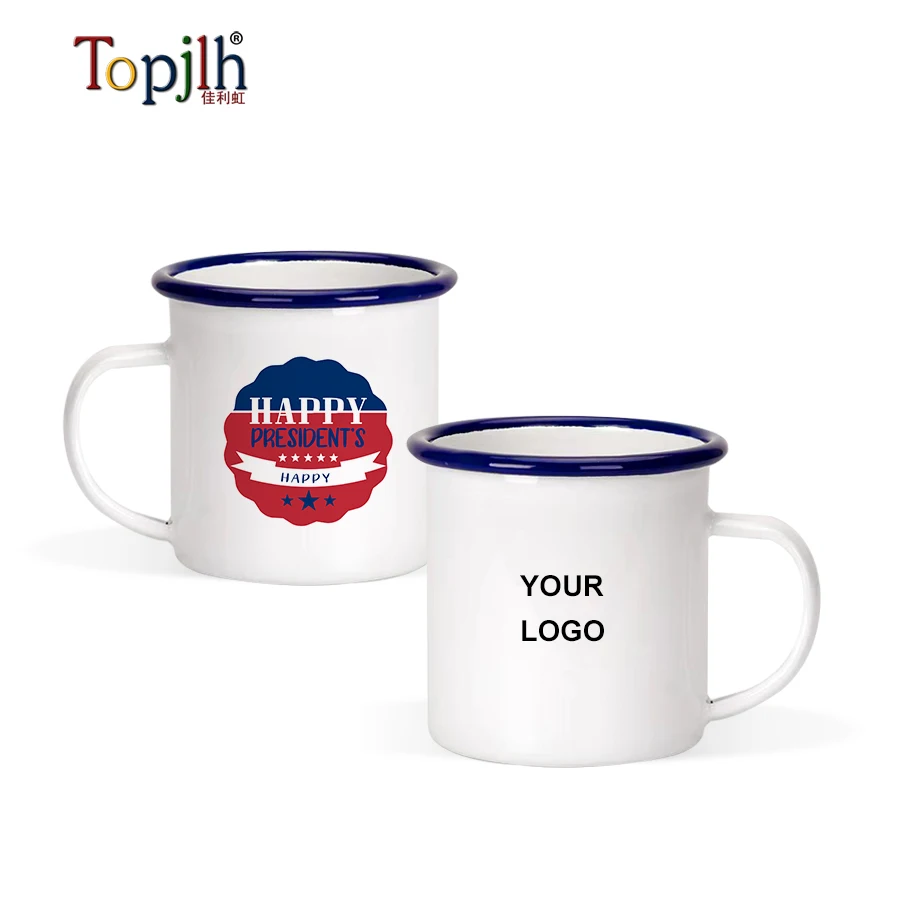 topjlh Sublimation mugs Blank White Enamel Cup 12oz Enamel coffee Mug With Blue Rim For Holiday Gifts
