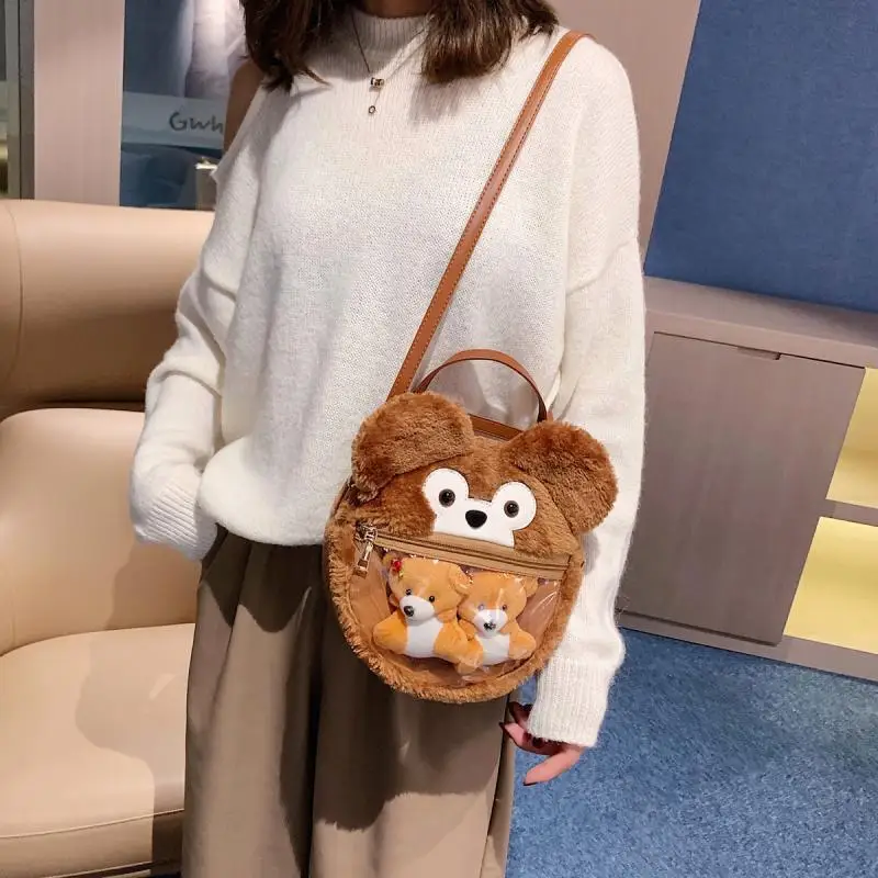 Wholesale Small Round Faux Fur Bag Plush Bear Clear PVC Transparent Window Cute Crossbody Ita Bag Custom
