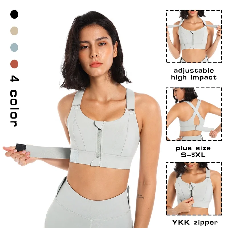 Plus Size S-5XL Women Solid Color Fitness Underwear High Impact Bra With Adjustable Straps Zipper Gathering Sports Bra