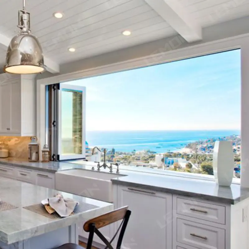 European House Large Bay Tempered Glass Aluminium Large Kitchen Accordion Folding Window Bar