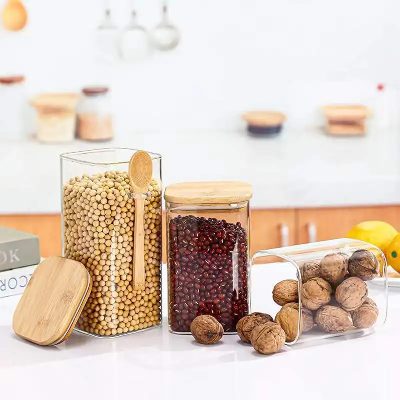 samyo Custom Large Square shape Kitchen Food Coffee Bean Oat Container Glass Storage Bottles Jar With Lids spoon