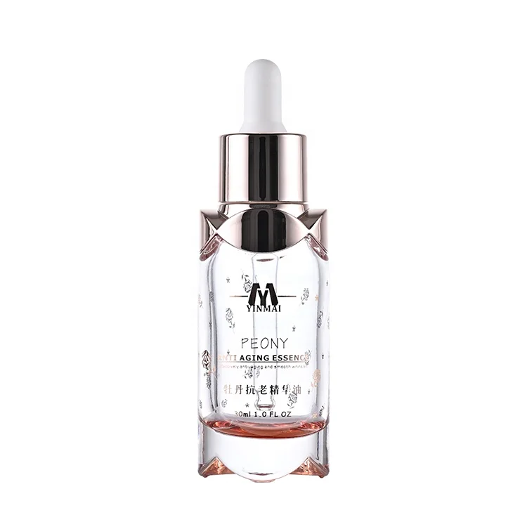 Luxury 30ml rose pink custom Empty Round Essential Oil Dropper Glass Cosmetic Serum Bottle with rose gold dropper