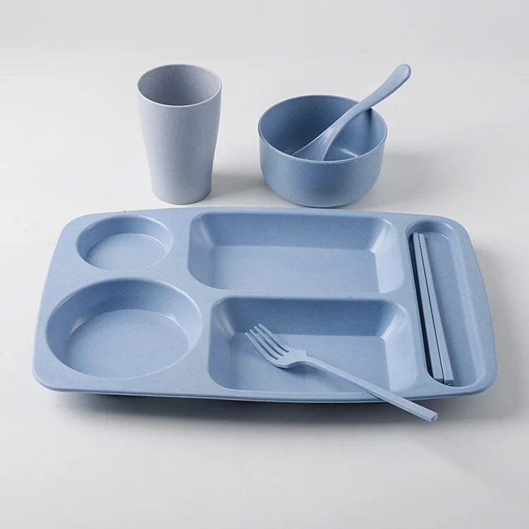 Lightweight Fiber Wheat Straw Plates Bowls Cutlery Set Dinnerware, Microwave and Dishwasher Safe Plastic Tableware Set for Kids