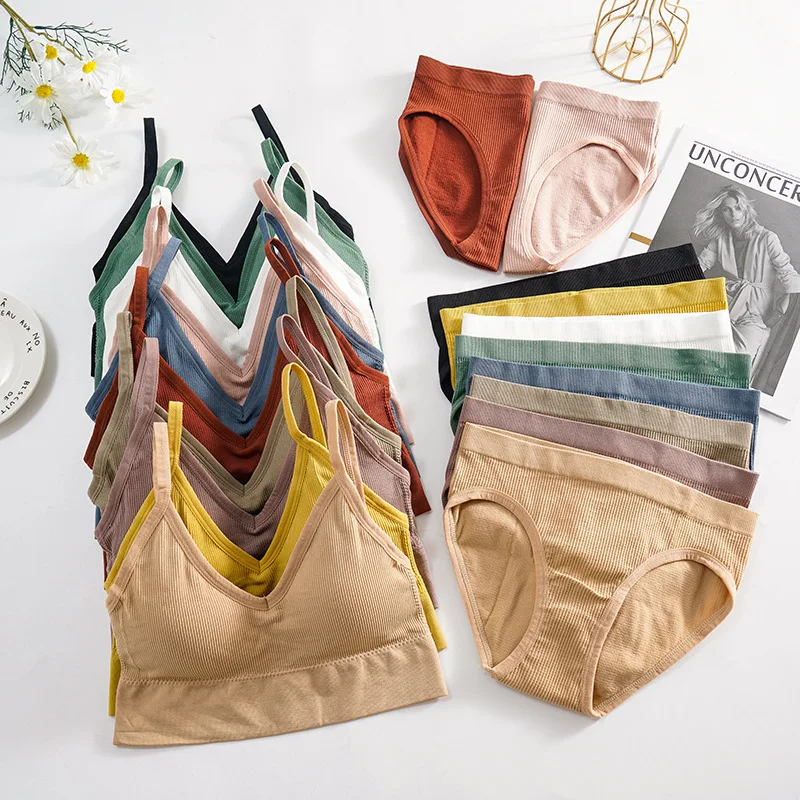 2201 Women Padded Bra Panties Set Soft Backless Tops Wireless Bras Set Seamless Underwear Women Lingerie Set Fitness Top