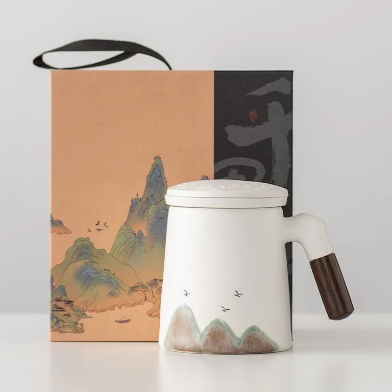Qianli Jiangshan ceramic filter inner tank water cup Guochao office cup gift box Business mug with cover gift
