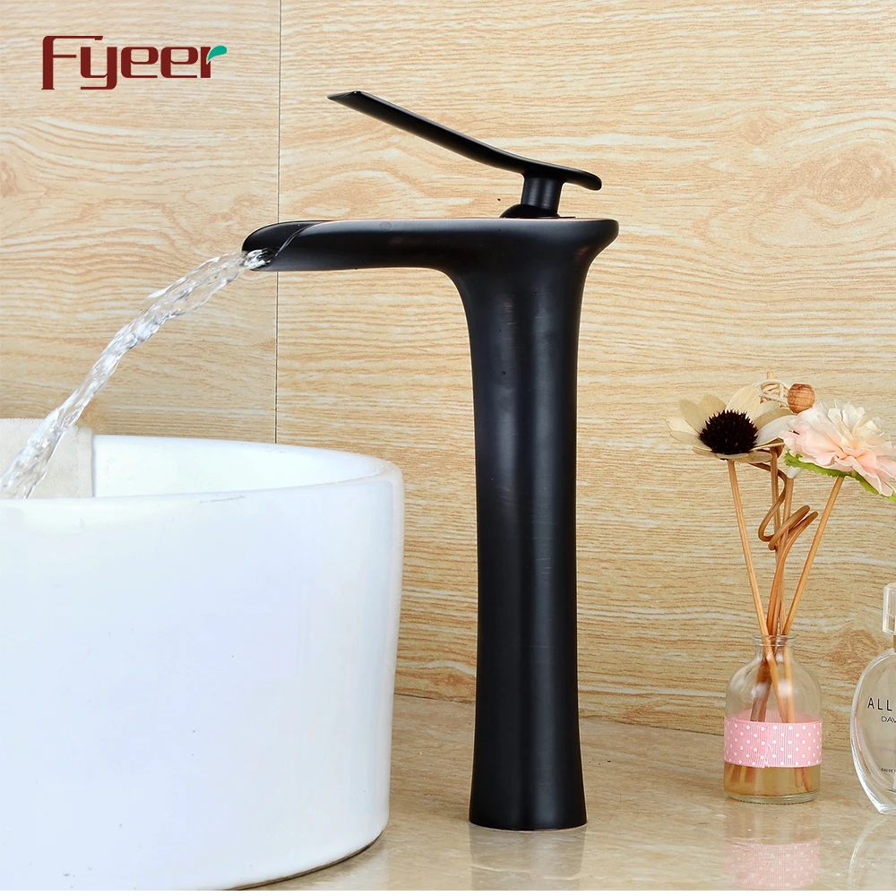 Fyeer High Arc Wash Basin Waterfall Black Bathroom Vessel Faucet
