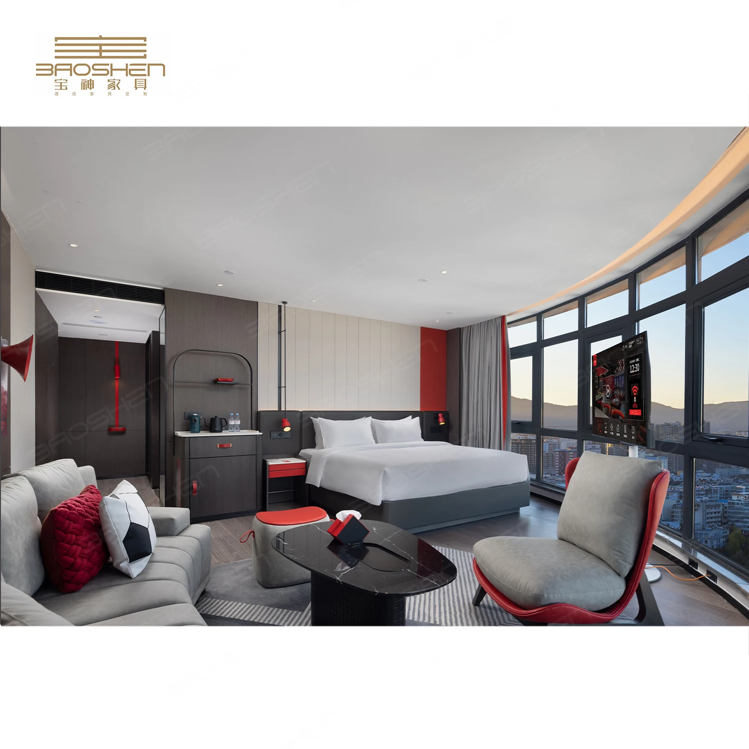 Solid Wood Hotel Room Furniture Paneling Bed Furniture Bedroom Set Wooden Top Wood Hotel Modern Panel Bedroom for 5 Star