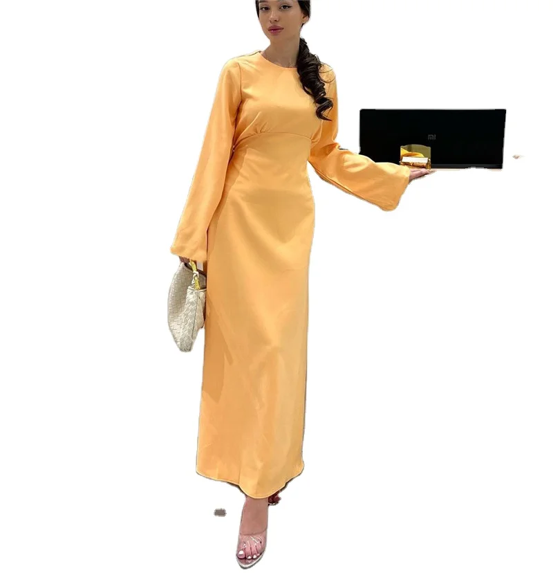 Modest Elegant Floor Length Tee Dress Ladies Slim Plain Long Sleeve Abaya Cotton Linen Maxi Muslim Dresses For Women