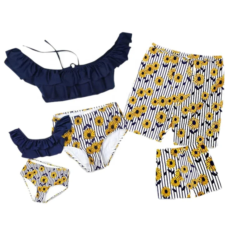 Family High Waisted Lace-up Halter Ruffle Tankinis Bathing Suit Mini Me Shorts Bikini Beachwear Father Mom And Daughter Swimsuit