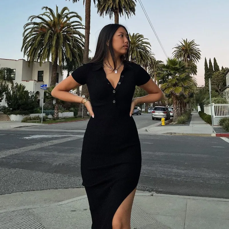 Y45142 new casual rib knit polo neck women long dresses