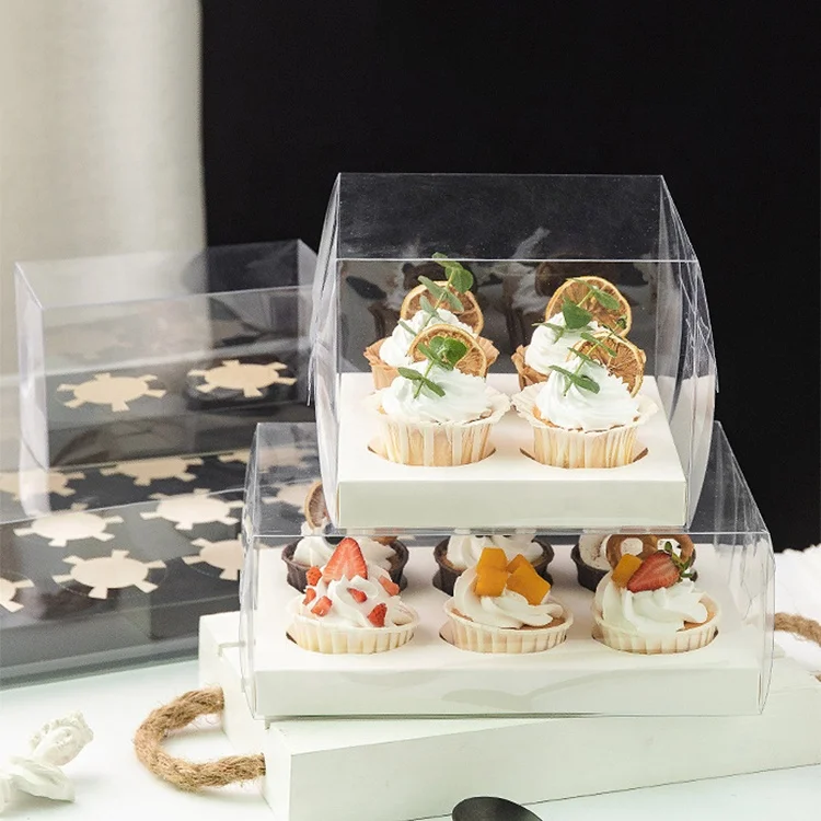 Clear PET PVC Window Long Muffin Cupcake Boxes Simple Mini Transparent 4 Hole Cake Cup Cake Box