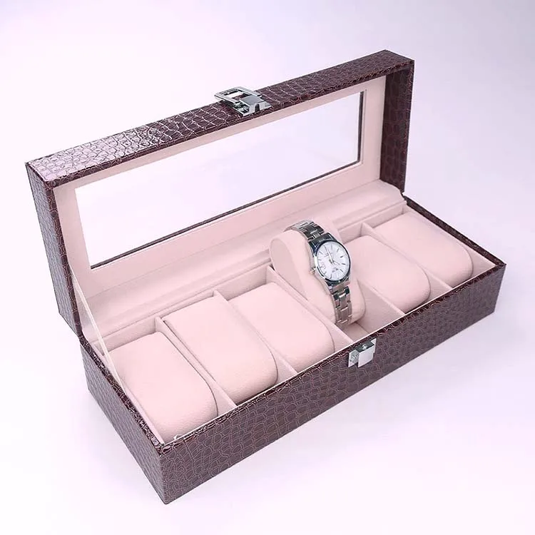  Luxury Brown Wooden Crocodile PU Leather Velvet Lining 6 Slots Watch Lock Box with