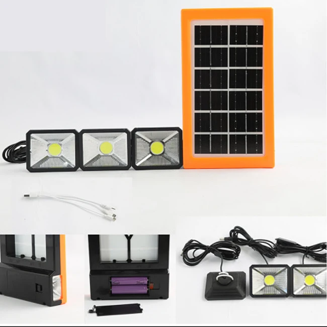 Solar integrated Emergency light with 3 small lights Portable lighting system with USB output