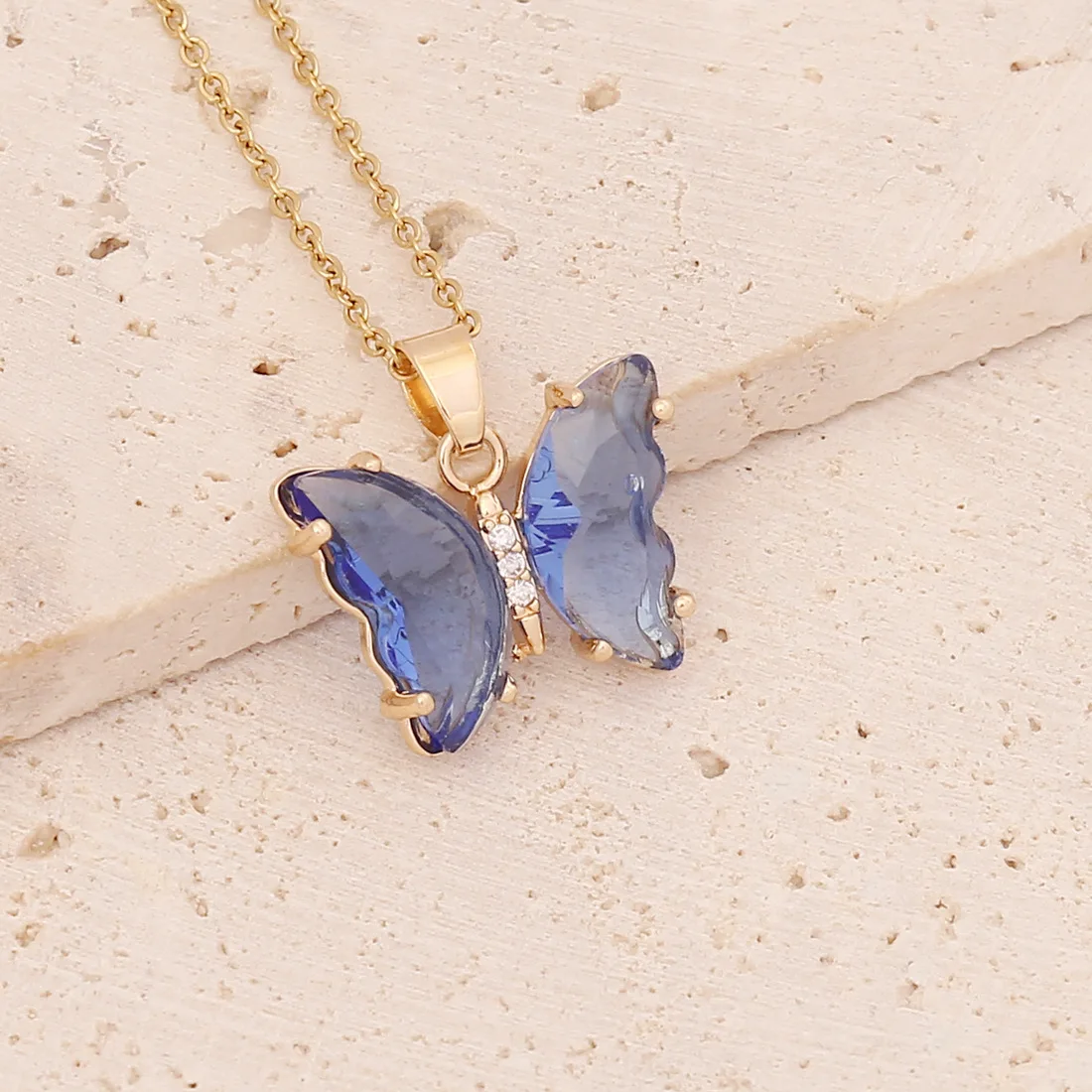 Stainless steel butterfly crystal pendant necklace for women 3*3cm chain 45 cm