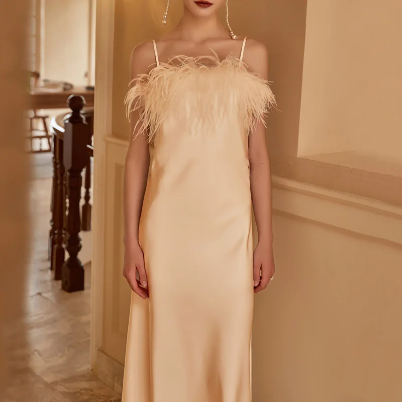 Custom Elegant Evening Party Dress Ostrich Feather Bridal Pajamas Night Dresses For Women