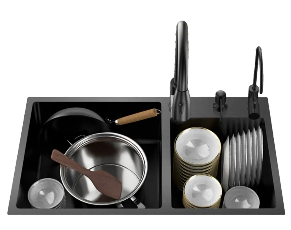 Wholesale Farmhouse Kitchen Mixer Tap Double Bowl Rectangular Stainless Steel Sink Golden Black Hot Cold Water Tap Undermount