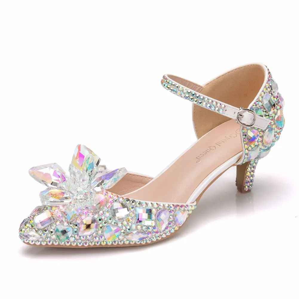 
AB Rhinestone Flower Luxury Elegant Cinderella Women High Heel Shoes For Wedding Mary Jane Shoes Plus Size 