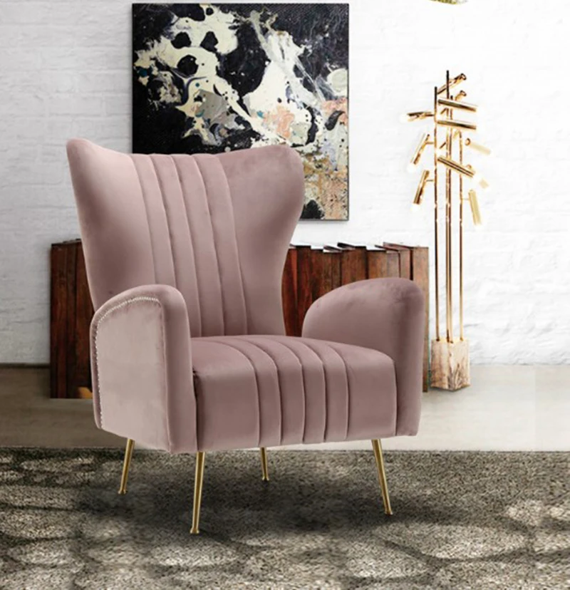 Gold Metal Legs Design Modern Velvet Blue Armchair