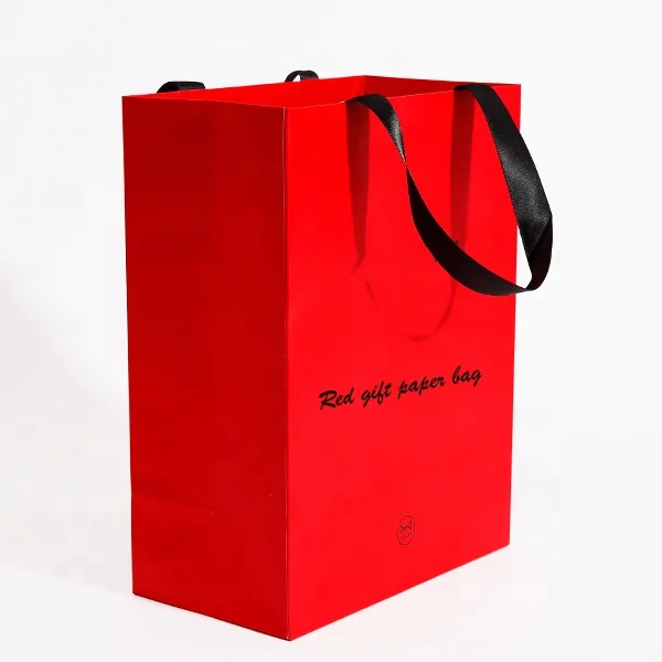 Wholesales custom print logo Tea Packaging Bag Red Small Gift square paper bag with ribbon handle