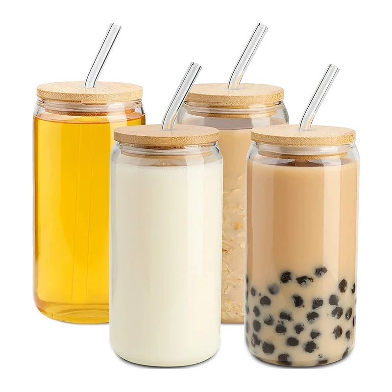 10OZ Drinking Glass Can Shaped Glass Cups with Bamboo Lids and Glass Straws for Juice Beverage Milk