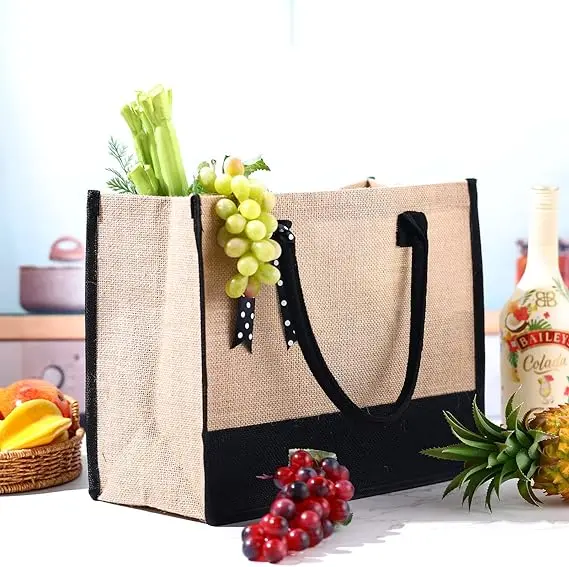 Promotional Eco Travel Bridesmaids Birthday Gift Shopping Reusable Burlap Black Tote Cheap Jute Bags