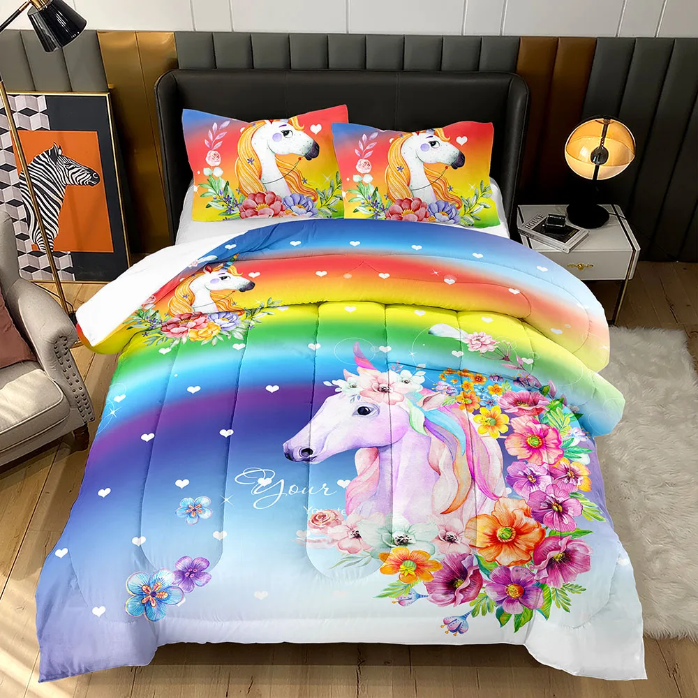Beautiful 3D rainbow Unicorn polyester Bedspread quilt quilted thickened winter bedding comforter sets