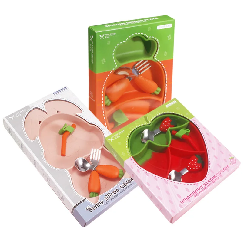 Infant Baby Kids Silicone Tableware Set Strawberry Carrot Penguin Mushroom Shape Silicone baby Feeding Dinner Plate Cutlery Set