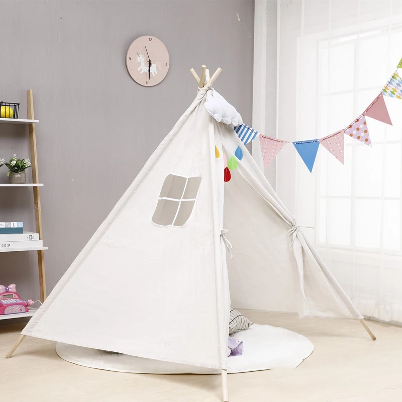 New Baby Toddler Playing Foldable Wooden Pole Indoor Playhouse Cotton Canvas Kids Indian Teepee Tent