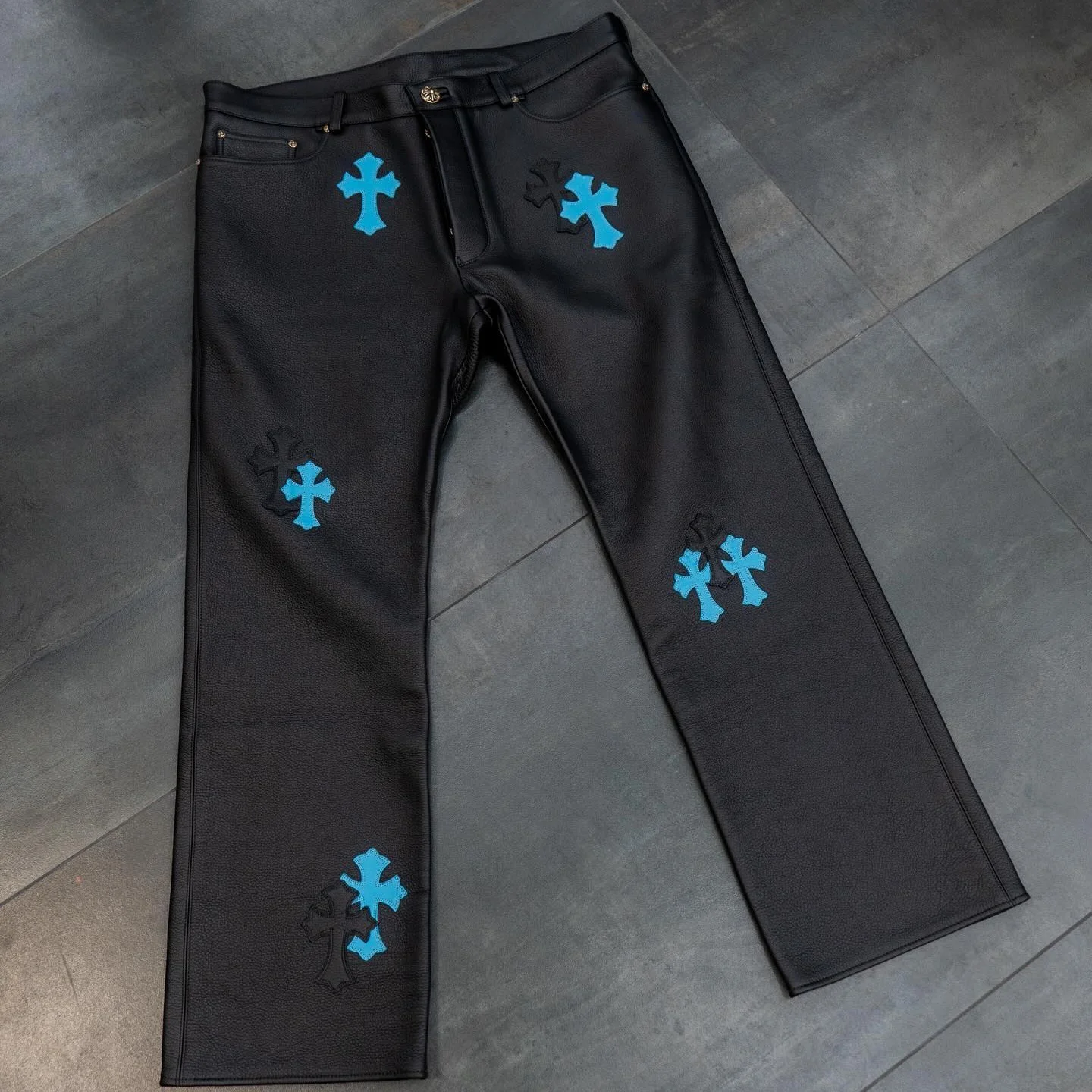 2023 Custom Streetwear Punk Hip Hop Trouser Embroidery Patch Men Leather Pants