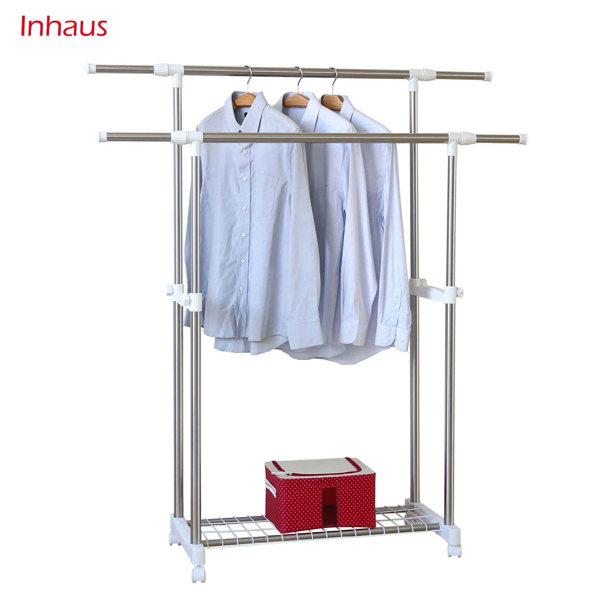 Double rail stainless steel adjustable height Extendable clothes drying rack With Shelf