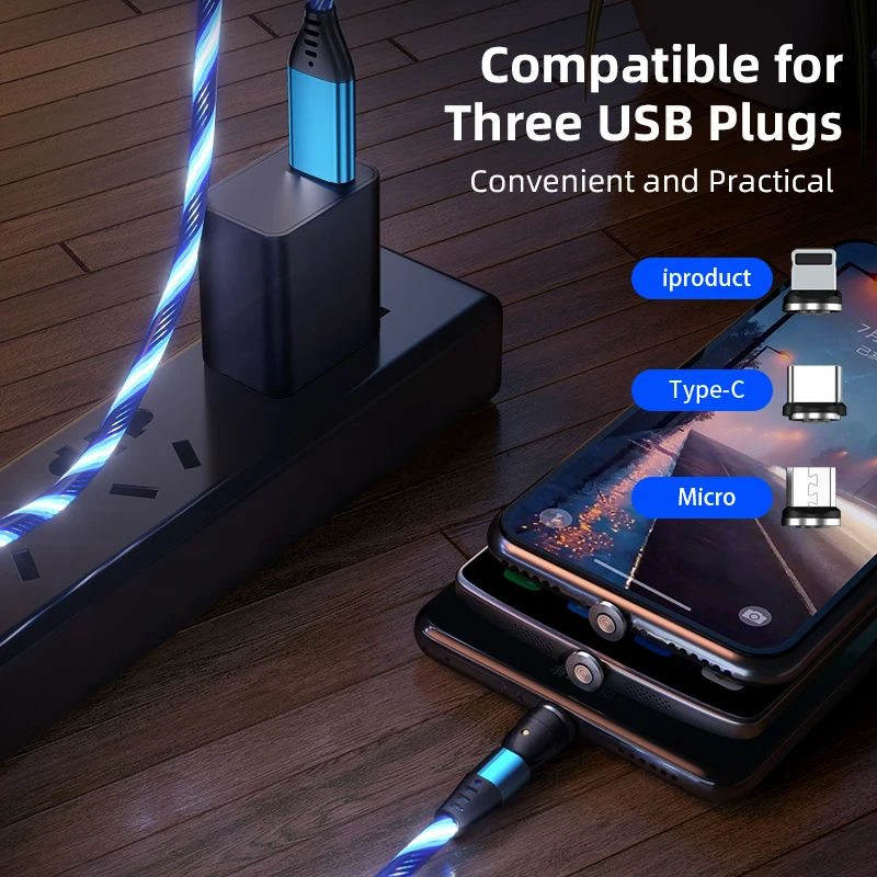 Лидер продаж светодиодный зарядный кабель 3A USB-кабель для быстрой зарядки и передачи данных 3 в 1 магнитный 540