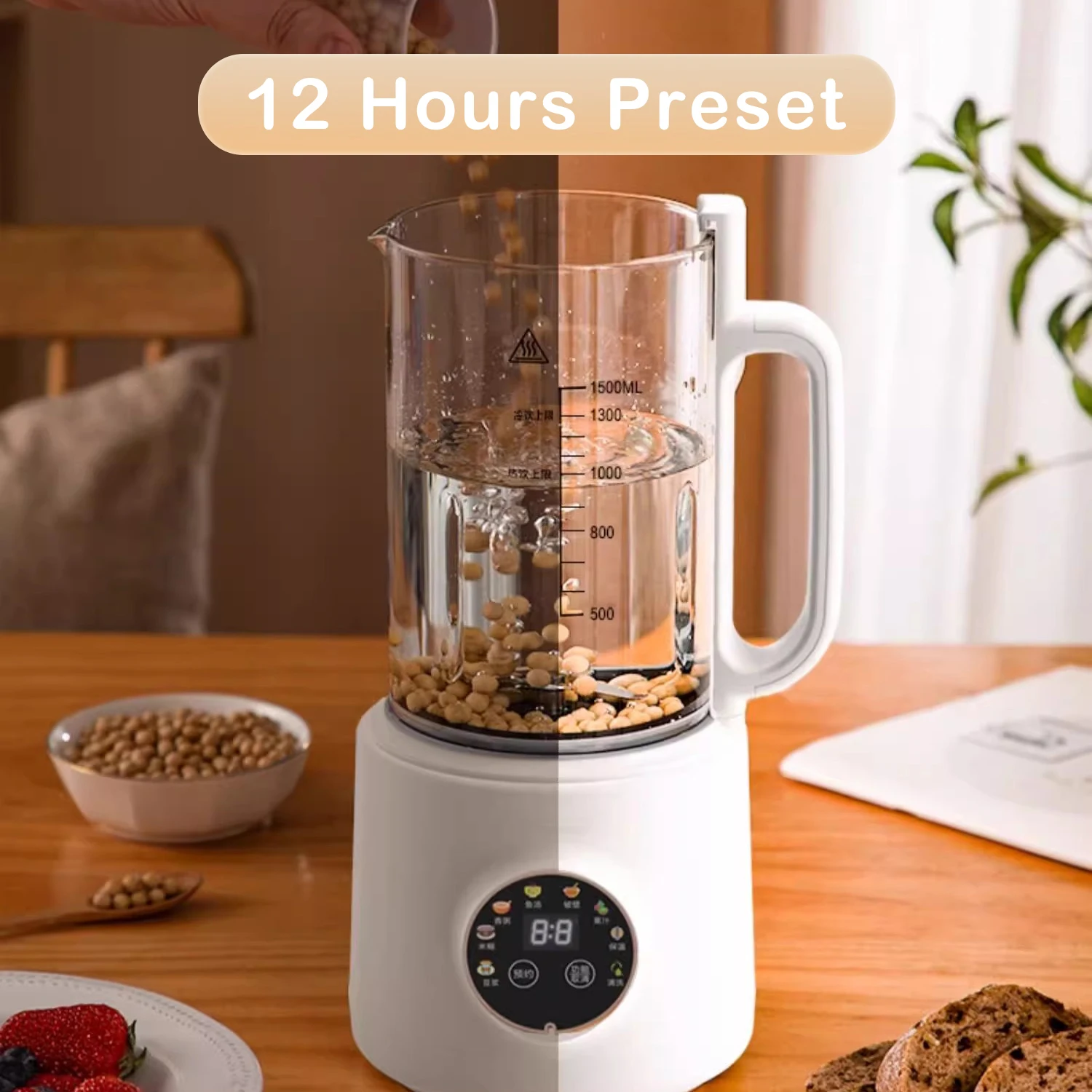 Soy Milk Maker Blender Almond Nut Milk Maker Heat Cook Mixing Glass Maker Processing Wall Breaker Household Soymilk Machine