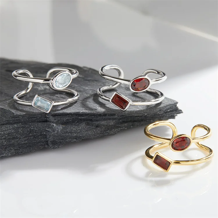 French Style Geometric Oval Garnet Square Topaz Engagement Bands 18K Gold Plated S925 Sterling Silver Jewelry Gemstone Rings