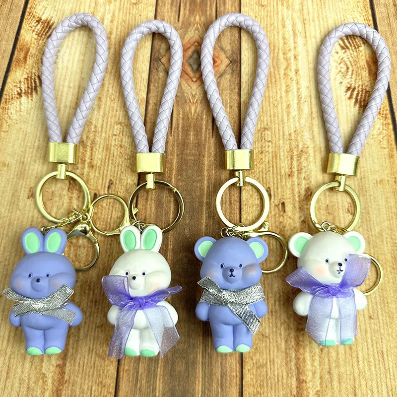 Love Heart Rabbit Keychain 3d Cartoon Resin Bunny Key chains Schoolbag Charm pendant Bulldog Animal Teddy Bear Keychain