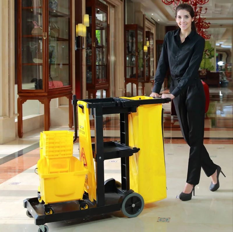 Supplies Commercial Hotel Room Plastic Housekeeping Service Janitor Cart Cleaning Trolley with Refuse Bag