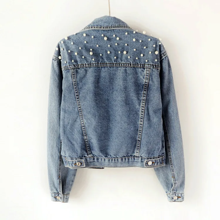2023 New custom Pearl Denim beaded jacket women round ball beads micro pave cz Jackets LooseThin Short Style wedding Denim Coat