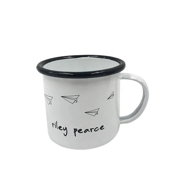 Logo printing custom enamel mug, custom steel enamel camping mug, white logo printing metal enamel cup