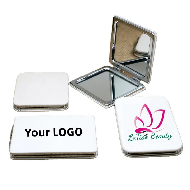 Print Your LOGO White Color Blank Double Sides Round Square Heart Mirror PU Leather Portable Little Pocket Mirror
