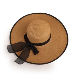 Wholesale large-size hat brim straw hat beach travel lady bow sunshade folding sun summer knitting hat