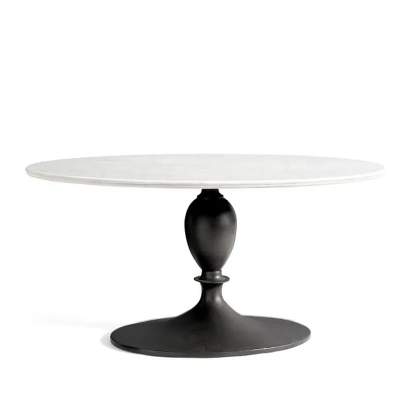 Modern Unique Black Iron Metal Legs Dinner Table White Marble Stone Top 6 Seater Dining Table