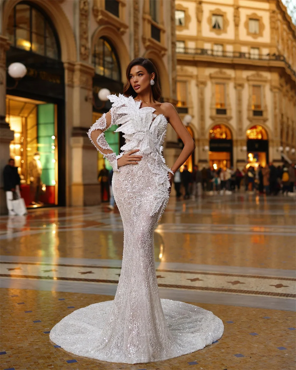 White Sexy Backless Slim Fit Long Dress 2024 Rayon One Shoulder Long Sleeve Design Lace Celebrity Party Dress