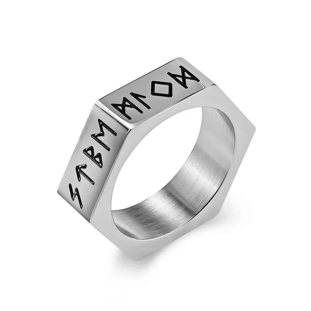 Nordic Viking text stainless steel ring Luen Rune titanium steel hexagon nut neutral ornament