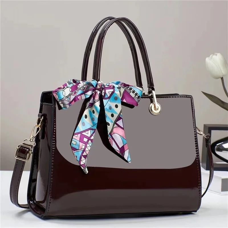 Versatile Solid Color 2024 New Bright Leather Large Capacity Middle Aged Mom One Shoulder Women Bags Handbags