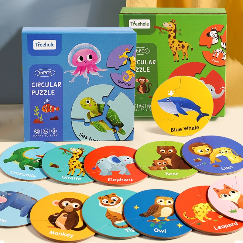 Educational Wooden 36 pcs Puzzle Forest Marine Animal Cognitive Wood Circular Puzzle Toy Kids Newest Word Spelling Puzzle Games