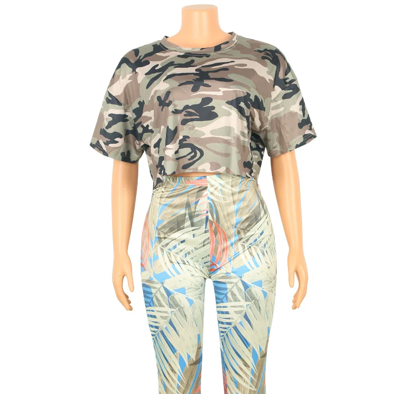 
2021 custom loose simple crop cotton camouflage women short t-shirts 