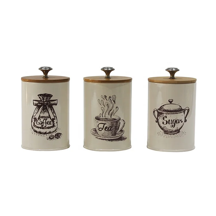 Set of 3 Sugar Coffee Tea Storage Canisters with bamboo lid Kitchen Counter Storage Organization Food Containers Storage Bins