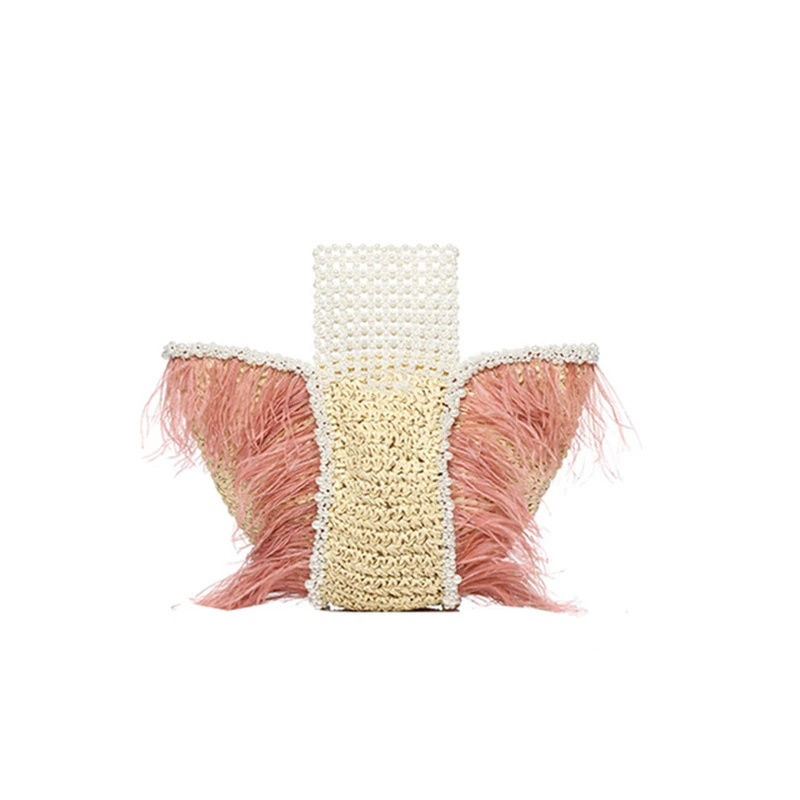 
2020 new vacation style full handmade pink ostrich feather pearl beads clutch bag natural grass weaving bag straw tote bag 